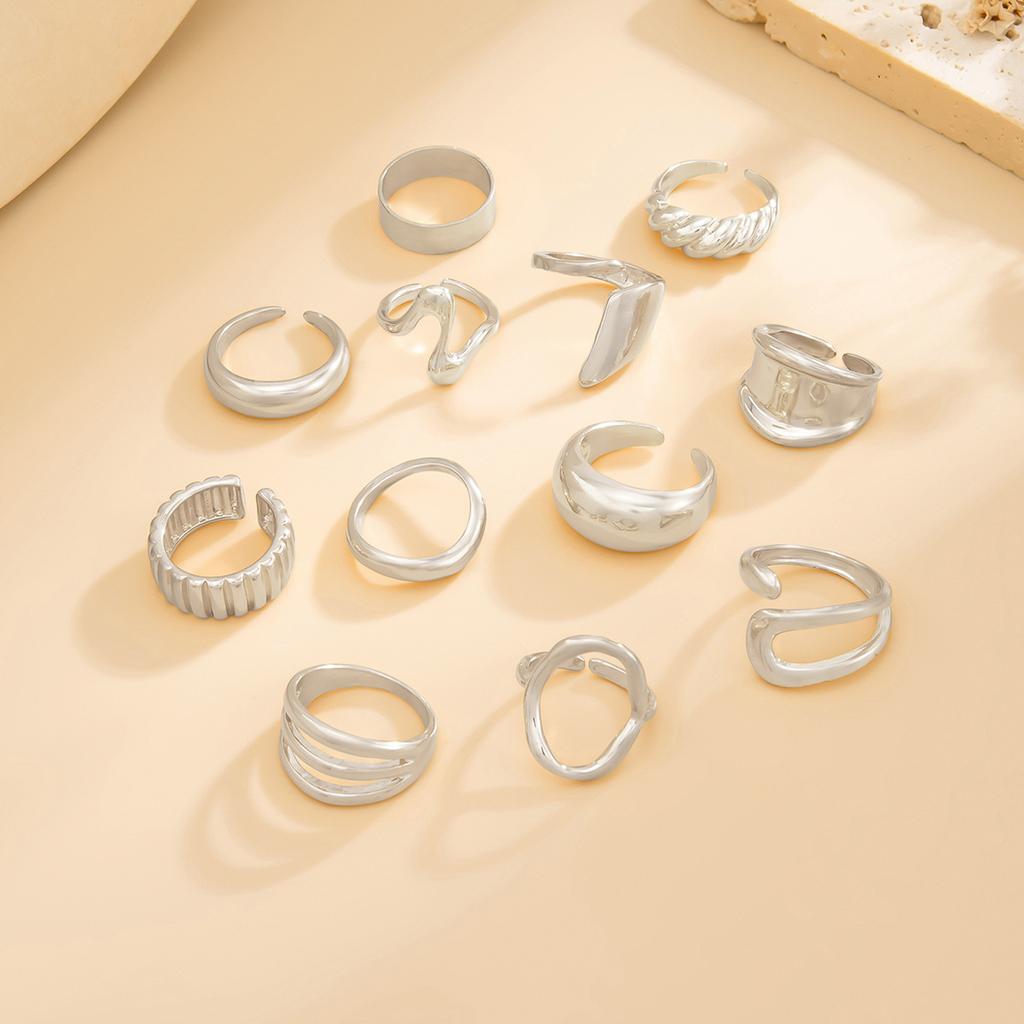 Ins Style Metal Glossy Water Drop Ring Set Fashion Geometric Round Hollow Ring