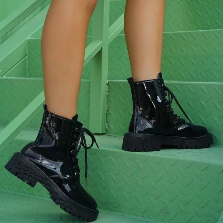 2024 Fashion Black Motorcycle Boots Women's Pu Leather Platform Ankle Boots Woman Autumn Winter Plus Size Lace Up Shoes bota