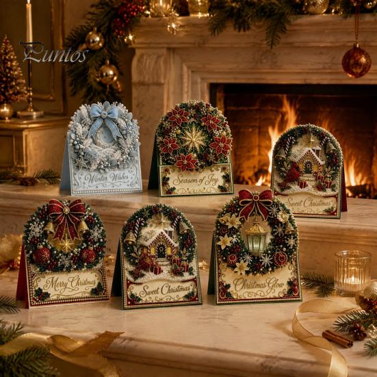 DIY Christmas Card Kit Kit, 3D Pop-Up Faux Pearl Art Snowman Santa Elk Craft Kits Wreath Card, Handmade Xmas for Family And Friends Holiday