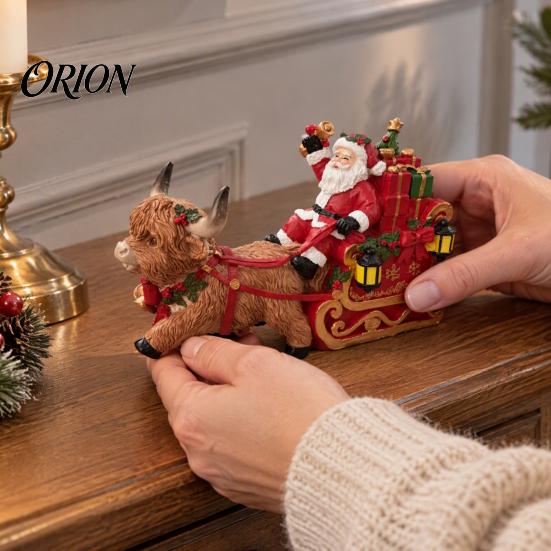 Small Sleigh Figurine for Shelves Christmas Santa Highland Cow Figurine, Resin Claus Hand Painted Winter Wonderland Collectibles Tabletop Decoration