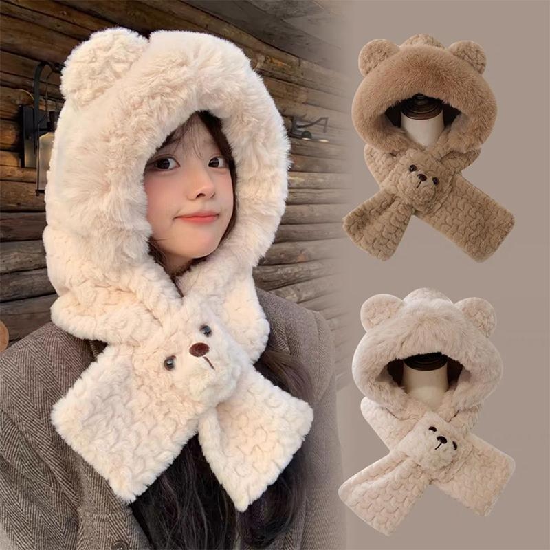 Cute Plush Bear Ear Hat Winter Integrated Cap Scarf Windproof Thickened Beanie Hat Scarf Casual Outdoor Warm Scarf Set