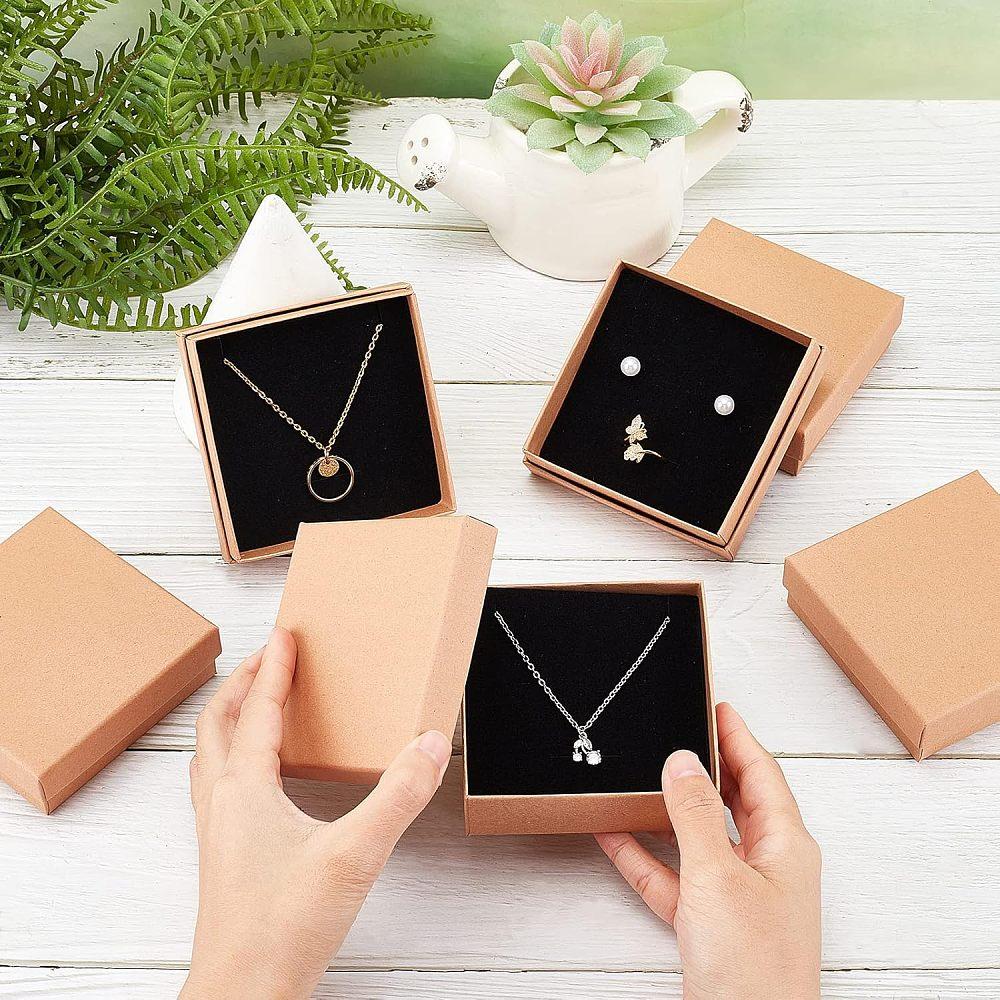 12pcs Kraft Paper Jewelry Boxes with Black Sponge Inside Square BurlyWood 3-5/8x3-5/8x1-1/8 Inch(9.2x9.2x3cm)