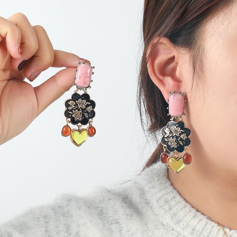 Retro Ethnic Style Resin Heart Dangle Earrings For Women Exquisite Charm Trendy Enameled Flower Earrings Party Jewelry Gift
