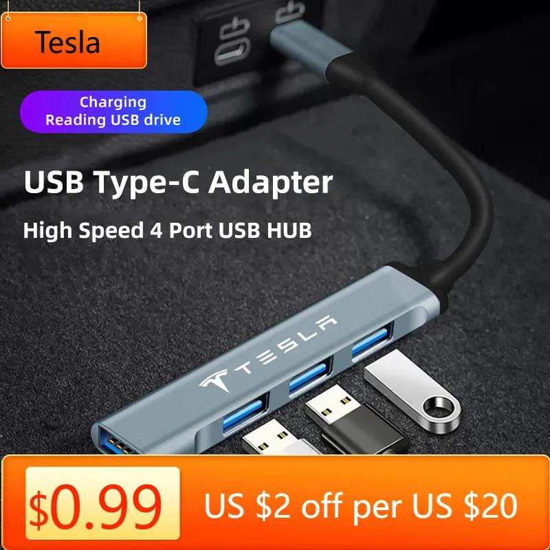 Car Sticker Tesla Car USB Type-C to 4 Port USB HUB High Speed Adapter Accessories For Tesla Model-Y Model-3 Model-X Model-S Cybe