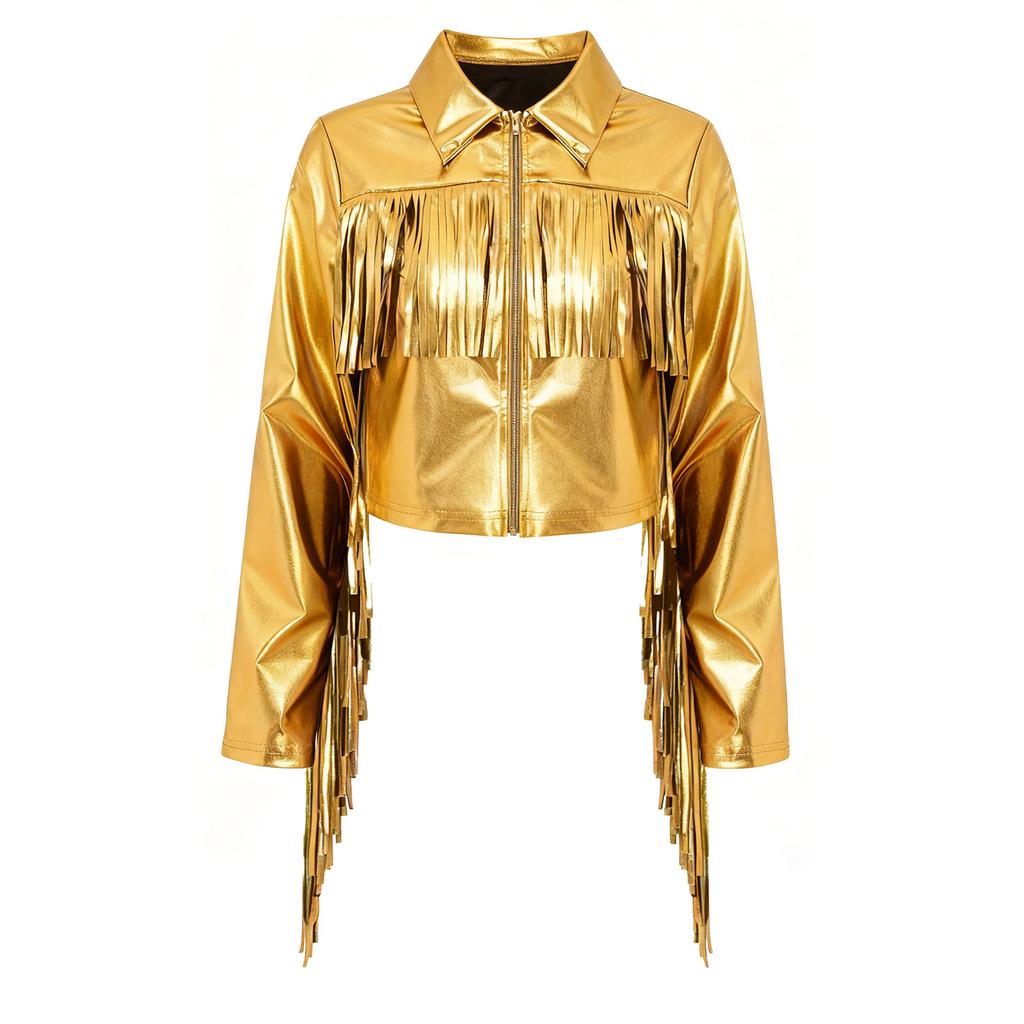 Women's Dance Birthday Party Jacket S-3XL: Tassels Metallic Glossy Turn-Down Collar Long Sleeve Zipper Fringe Shiny Design