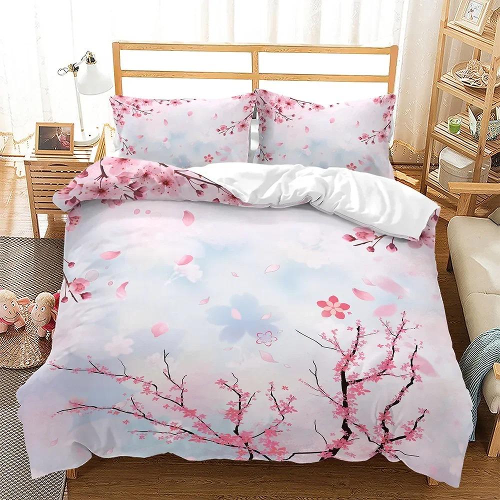Spring Flowers King Queen Duvet Cover Pink Sakura Bedding Set Girls Cherry Blossoms Quilt Cover Floral Polyester Comforter Cover