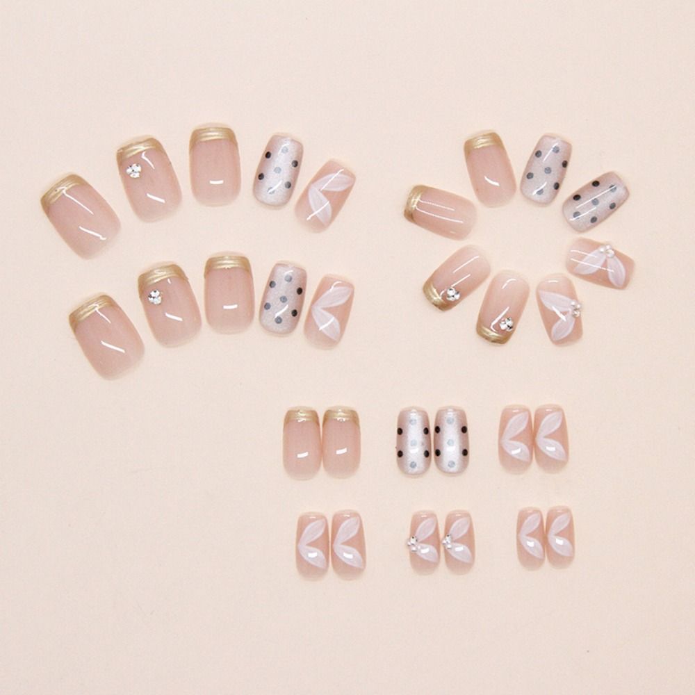 30pcs Short Ballerina False Nails Cat Eye Shining Slices French Fake Nails Polka Dots Checkered Golden Butterfly Press On Nails