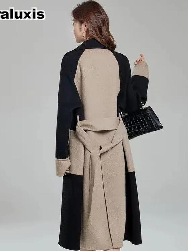 Hepburn Style Wool Coat Women's Long Sleeve Winter New Arrivals High-End Elegant Slim Fit Color Block Overcoat