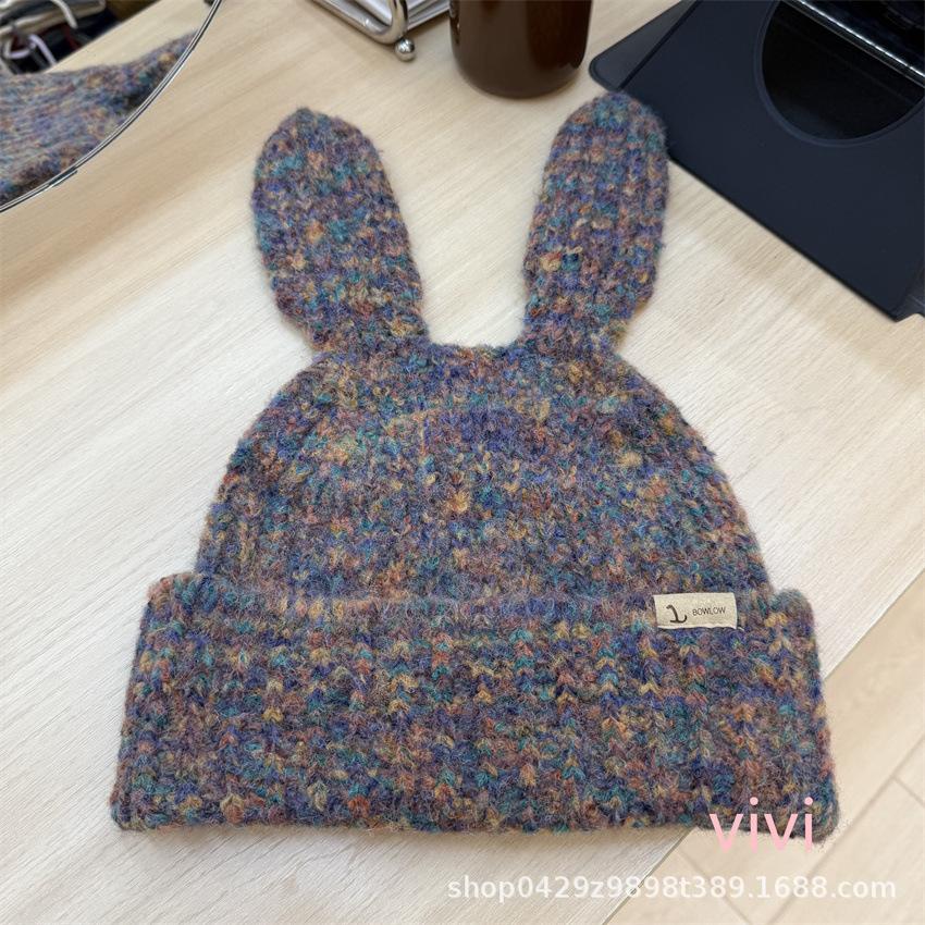 New mixed-color knitted wool hat women's winter warm temperament girl knitted hat cat ear knitted miscellaneous flower hat