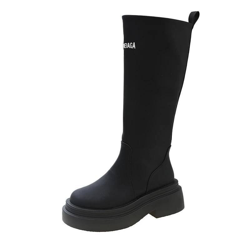 2024 Autumn New Vintage Long Boots Women's Petite Raised Heel Polyester Lining Rubber Upper Retro Style Boots For Ladies