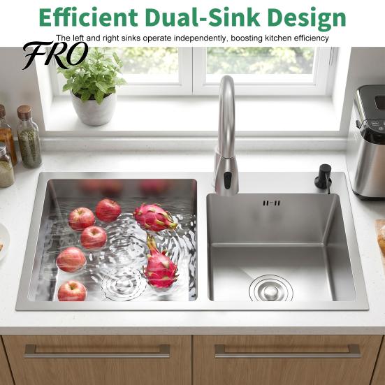 Double Bowl Kitchen Sink Sink, 30.7x16.9 Inch Stainless Steel with Nano Coating, Deep Drop-in/Top-Mount for Modern Kitchen, Includes Drain