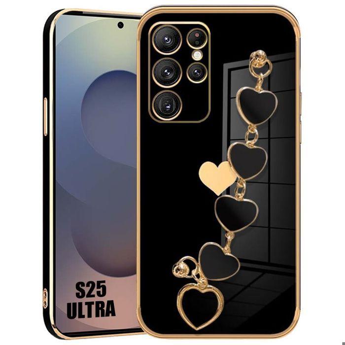 Coque pour Samsung Galaxy S25 Ultra, Silicone Noir Effet Luxe Ultra Slim Antichoc avec Bracelet Cœur
