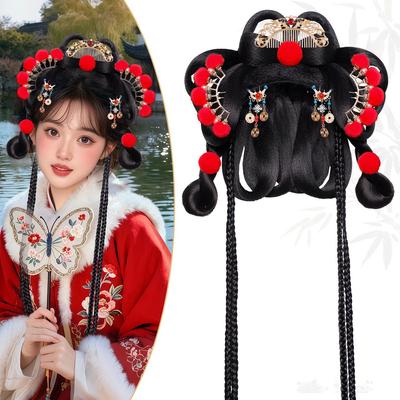 Autumn/Winter Tang Hanfu Wig and Pompom Headband Hair Accessories Set