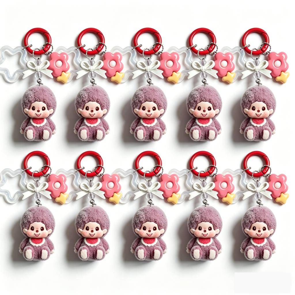 Resin Flocking Monchichi Keychain Cute Monkey Baby Trendy Keyring Cartoon Pendent Keys Bags Hanging Accessories Small Gifts