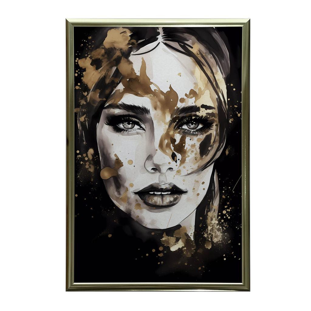 Twarz Kobiety W Czerni I Złocie Twarz Kobiety W Czerni I Złocie, 50X70 Cm, Bez Ramy, Płótno Premium Na Blejtramie