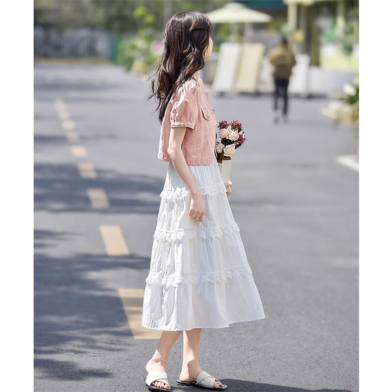 Women's Lace-Spliced Denim Top & Midi Dress Set