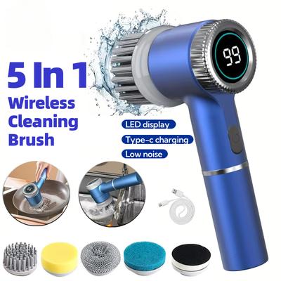 5-in-1 Elektrische Reinigingsborstel Multifunctionele Keuken Badkamer Toilet Draagbare Krachtige Schoonmaakborstel 5 Borstelkoppen LED-Display