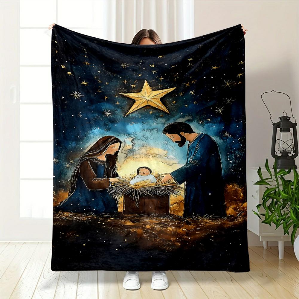Nativity Scene with Starry Night SkyFlannel blanket for bedroom, living room, sofa, and nap