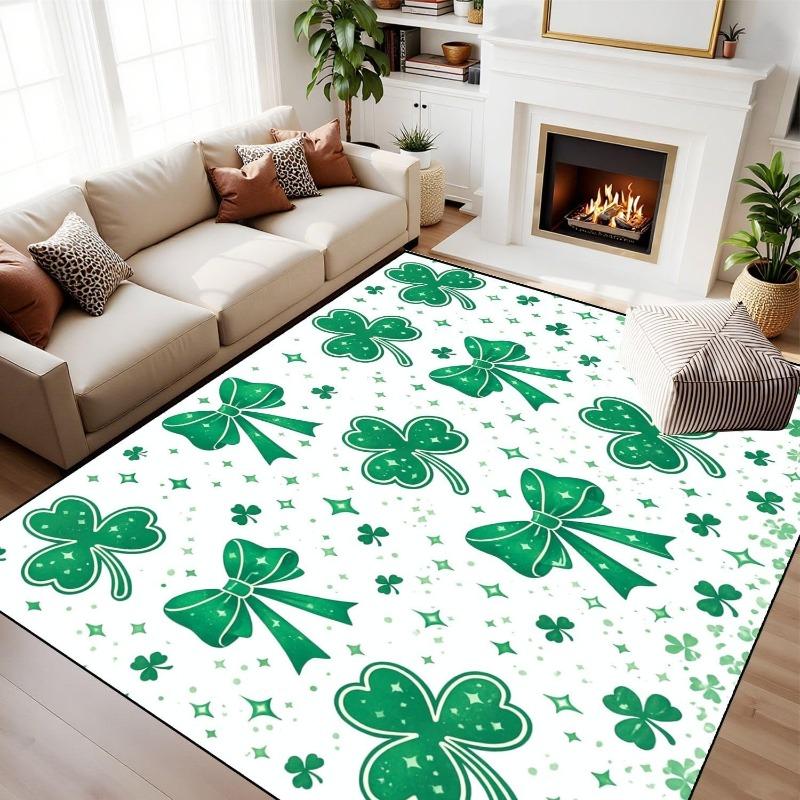 St. Patrick's Day Area Rug Green Clover Shamrock Bowknot Print Home Decor Living Room Carpet Soft Non-Slip Mat Holiday Gift