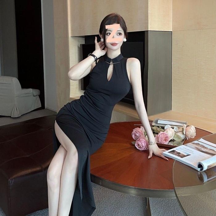 Guofeng New Chinese Improved Cheongsam Dress Dress Black Slim-fit Hips Sexy Split Shoulder Neck Dress Summer
