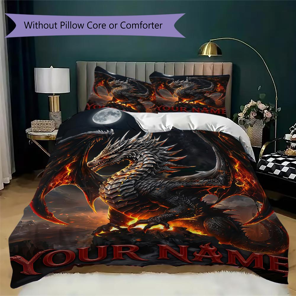 Custom Name Dragon Castle Burn Bedding,Quilt Set Quilt Cover Pillowcase Home Birthday Gift(1 * Duvet Cover + 2 * Pillowcase, Without Core)_lx