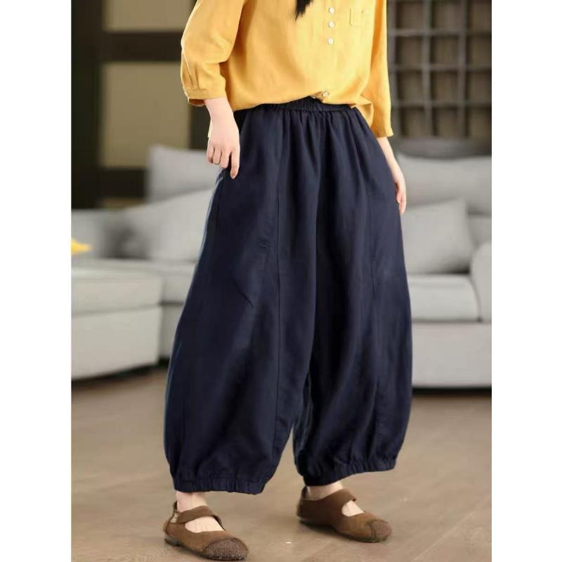Women's Elastic Waist Wide Leg Cropped Pants Loose Fit Casual Linen Style Trousers