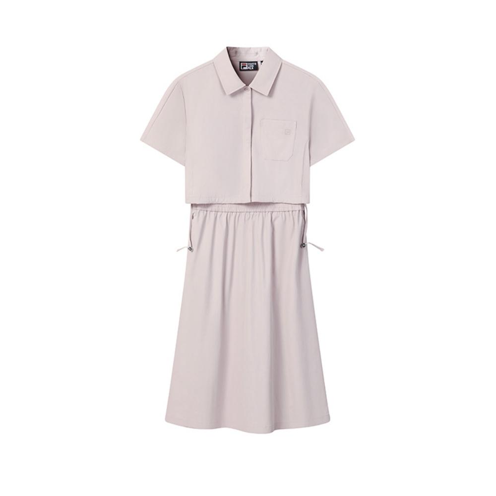 Fila White Fashion Simple Trendy Casual Versatile Comfortable Loose Woven Short Sleeve Dress Women dresses Lotus-Gray-Pink F11W623314FPK S