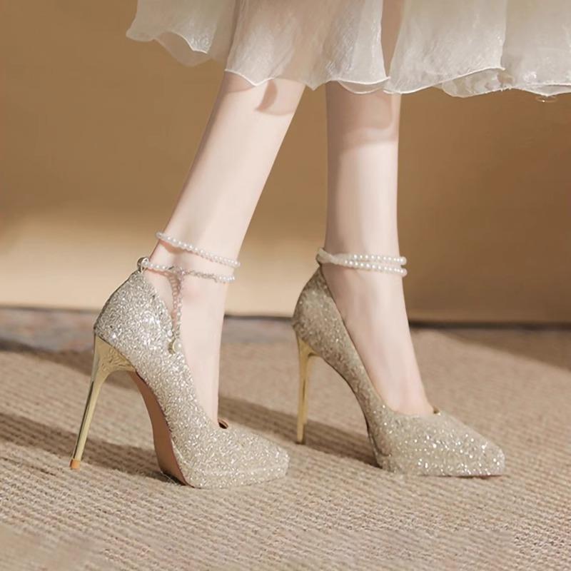 Thin Heel Shoes Women's Pointy Shallow Mouth Full Sequin Bead Set Foot Anti-slip Wear-resistant High Heels
