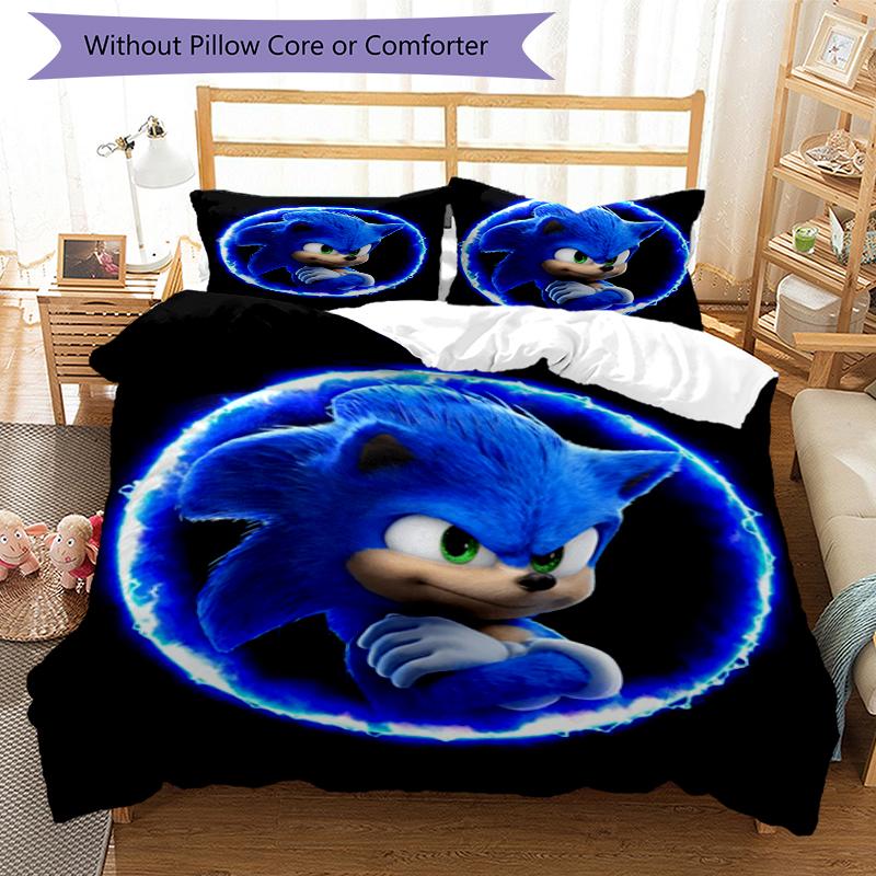 Sonic Blue Design Bed Bedding Set 1 Duvet Cover + 2 Pillowcases Soft Breathable Household Bed Linens