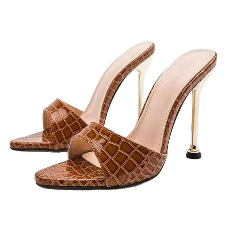 22 new European and American sexy snakeskin pattern pointed stiletto cool slippers simple solid color large size banquet shoes