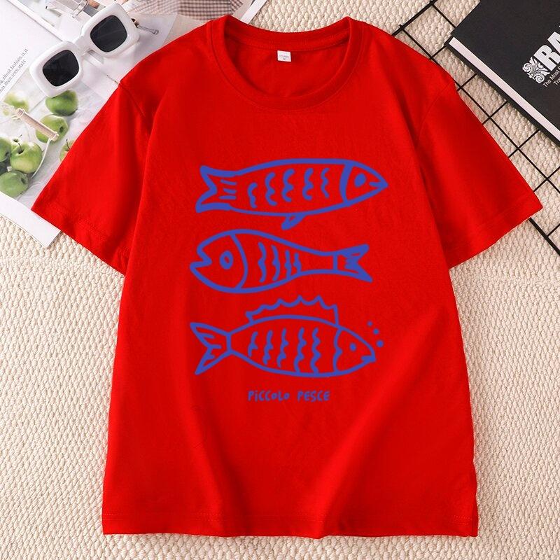 Summer Fish TShirt Unisex Ladies Beach Coastal Design Printed Tshirts Cotton Short Sleeve Round Neck Printed Tshirt Casual Short