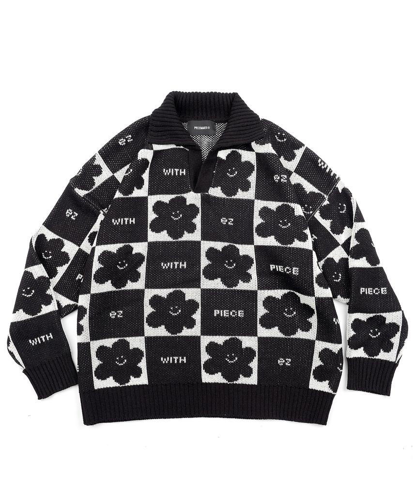 PEACE MAKER Daisy Checkerboard Polo Knit Sweater (Black)