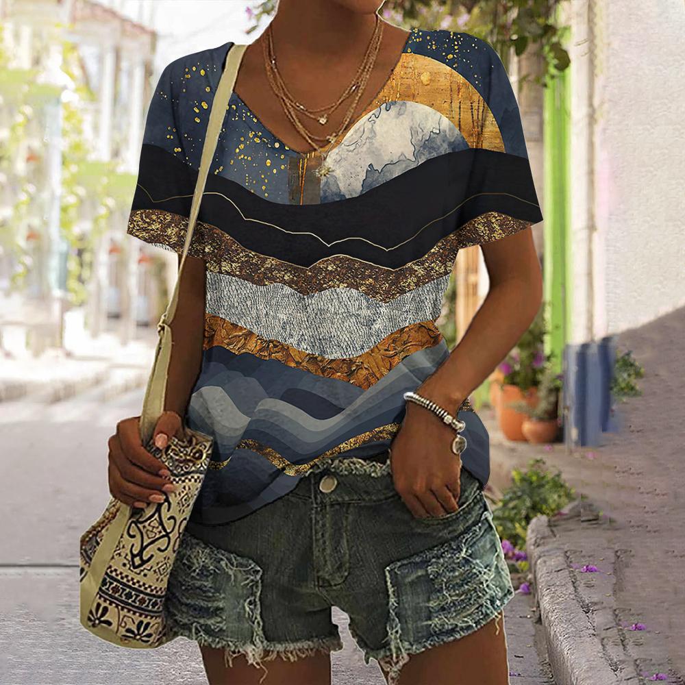 Printed Striped T-shirt New Simple Clothes Casual V-neck Short-sleeved T-shirt Retro T-shirt Summer