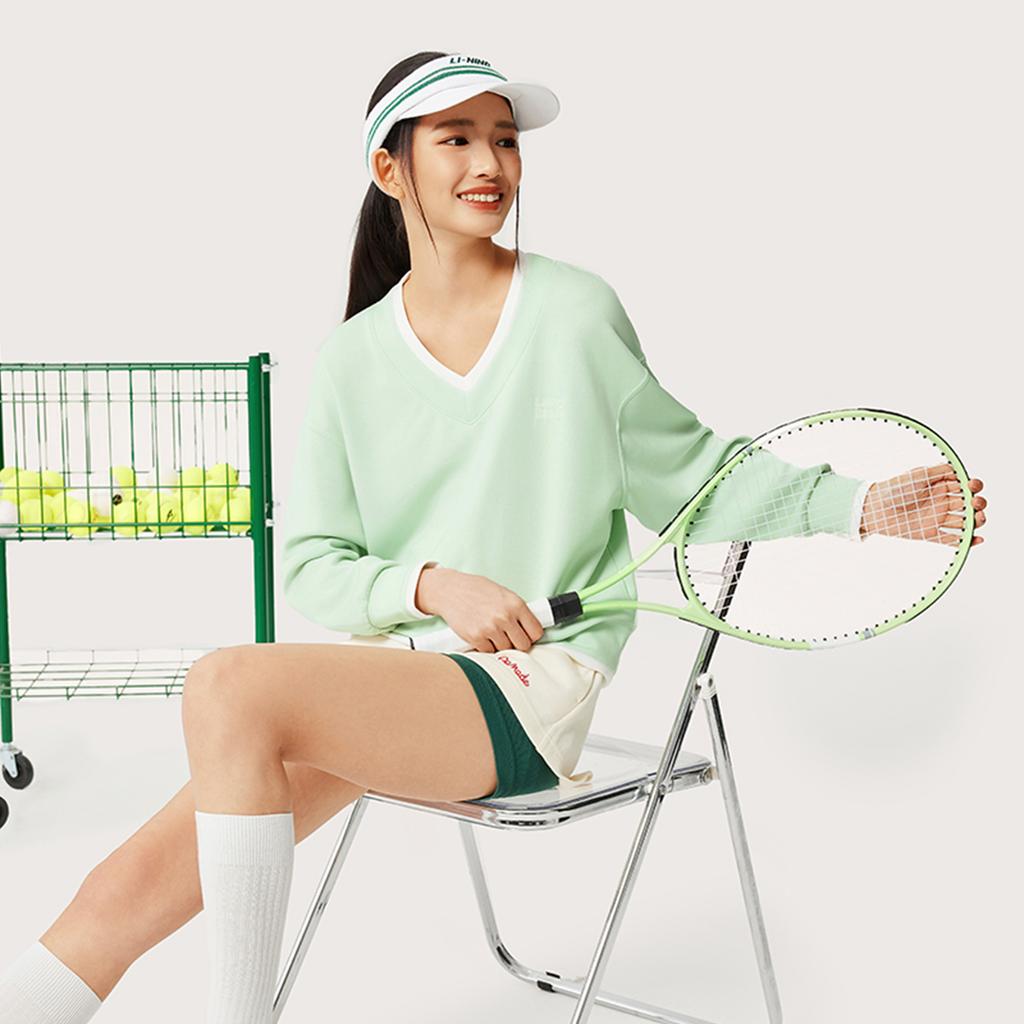 Li-Ning Comfortable Casual Simple V-Neck Pullover Loose Long Sleeve Sweatshirt Women sweatshirt Ice-Green AWDV886-3