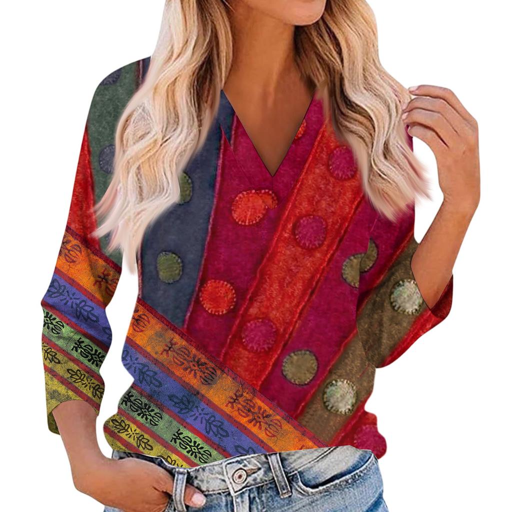 Women's Casual And Fashionable Flower Printing V-Neck Top With Seven Quarter Sleeves