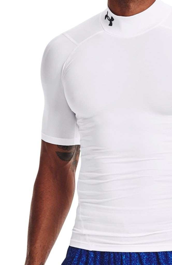 UA HeatGear Armor Compression Short Sleeve Mock Neck Shirt for Men, White/Black/Large