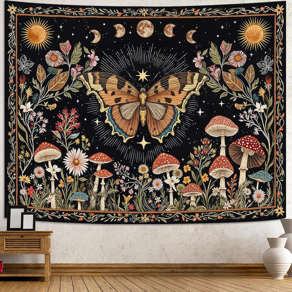 VIKAMA Tapiz Sol Luna Dormitorio Hippie Bohemio Flor Tapiz de Pared Flor Retro Plantas Espíritu Celestial Gran Tapiz