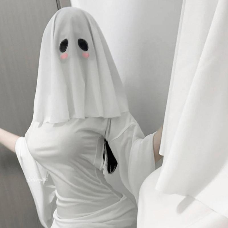 White Phantom Hooded Scarf For Horror Cosplay Stretchy Polyester Fabric Head Cover Ideal For Haunted House Event