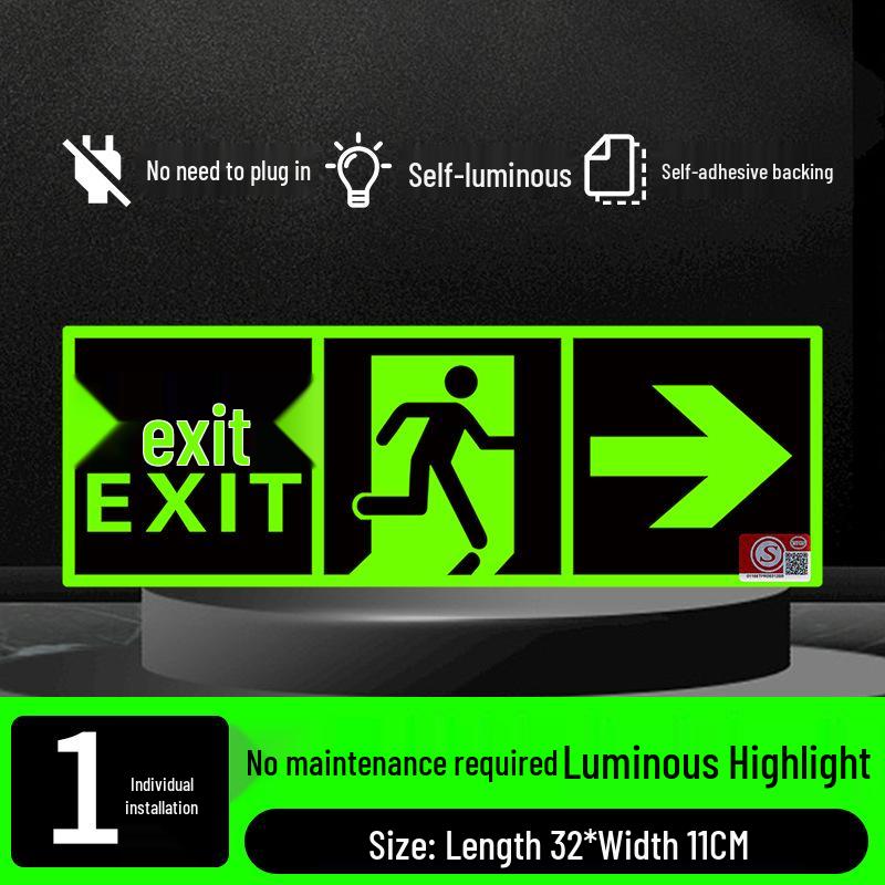 Fluorescent Fire Exit Sign - Self-Adhesive, No Wiring