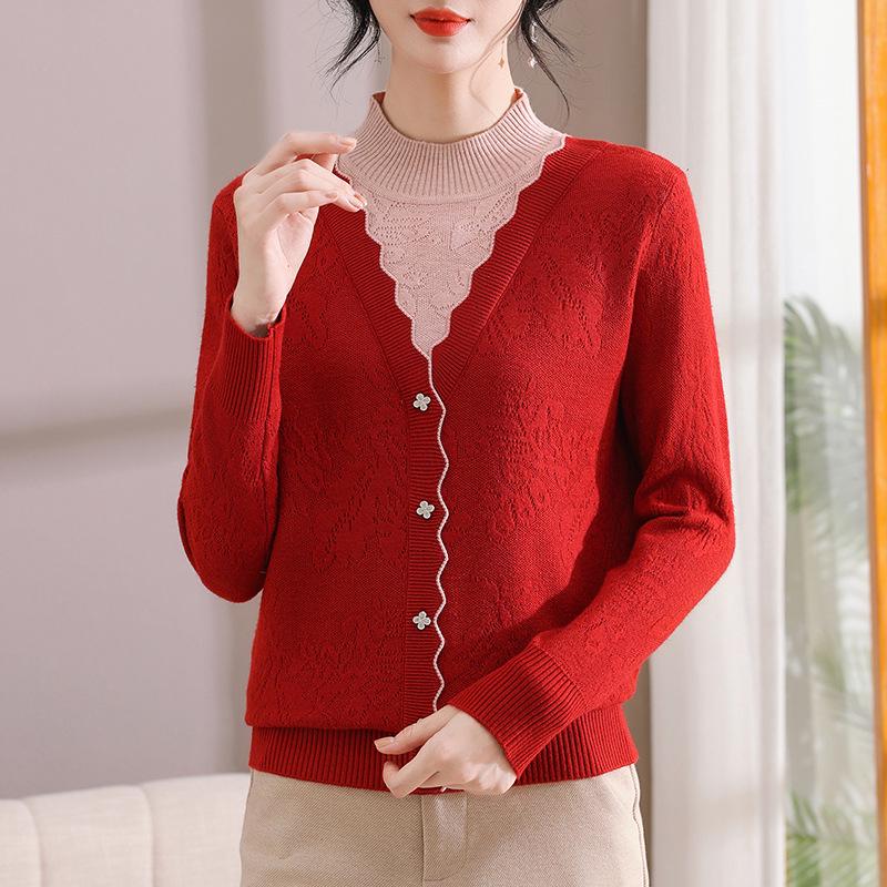 

Autumn/Winter Fake Two-Piece Pullover: Loose Fit, Semi-High Collar, Jacquard Knitted Sweater for Moms L (40-65 kg) вино красного