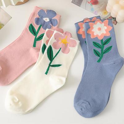 Cotton Women Socks Casual Breathable Japanese Korean Style Cartoon Flower Candy Color  Female Middle Tube Sock
