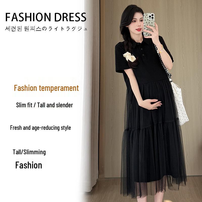 2026 Korean Style Summer Mesh Patchwork Maternity Dress 2XL