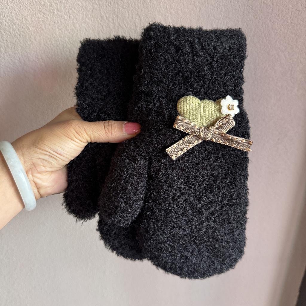 Cute Plush Mittens Fashion Winter Warm Full Fingers Gloves Sweety Bow Women Outdoor Thicken Knitted Windproof Gloves Girls Gift