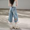 Trendy Summer Vintage Light Blue Inverted Waistband Designer Denim Cropped Capri Pants Loose Straight Versatile Slimming Casual Pants