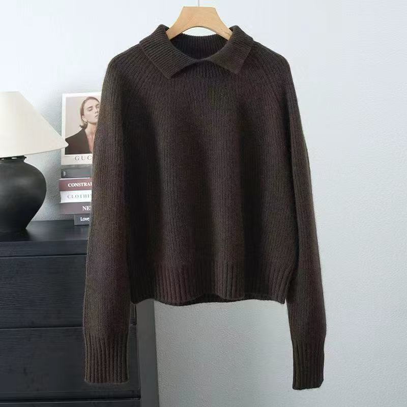 

Fashion France Knit Long Sleeve Tops Woman Design Loose Slim Solid Sweater Female Retro Chic Elegant Casual Thicken Warm Clothes New S коричневый