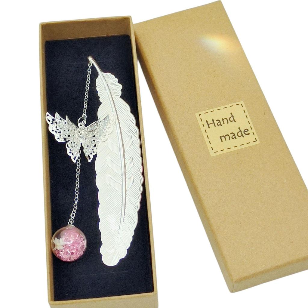 Chinese Style Dried Flower Bookmark with Feather, Metal Butterfly & Tassel - Ideal Teacher's Day Gift