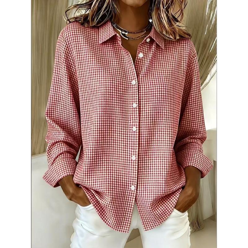 European beautiful women's new versatile lapel long-sleeved plaid shirt European and American four seasons fashion women's clothing