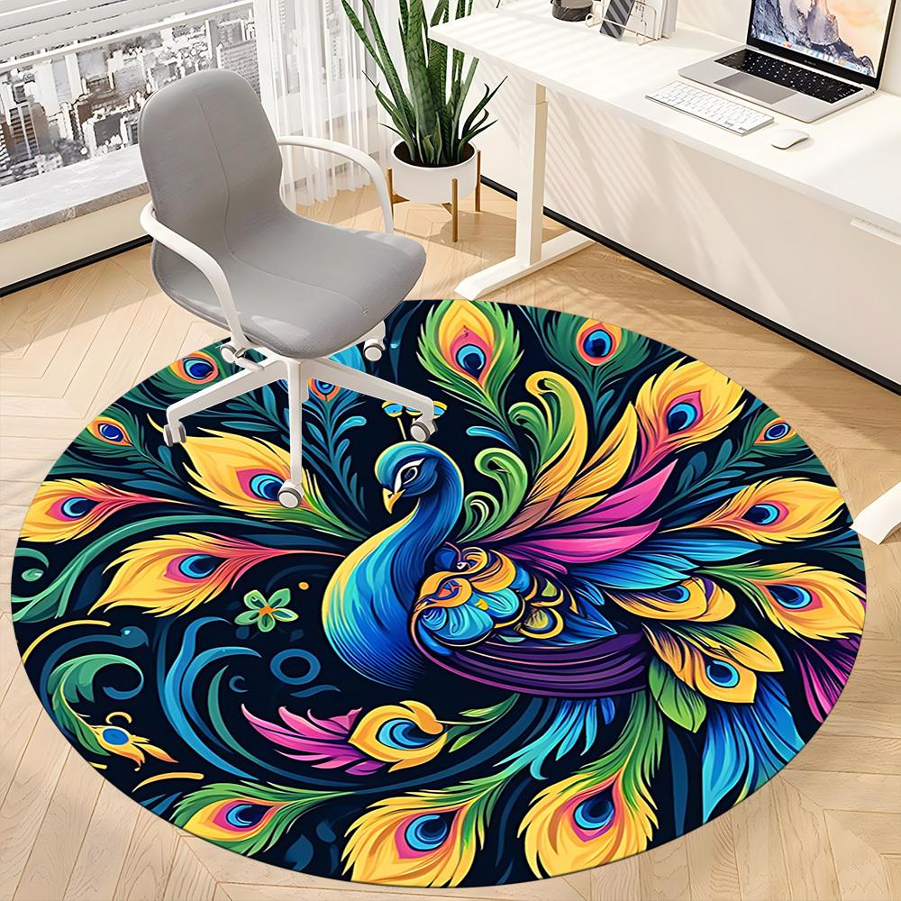 1pc Peacock Feathers Office Round Area Rug, Under Office Chairs Bedroom Living Room Home Decor, Room Deco