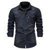 Elastic Cotton Denim Shirt High Quality Men Long Sleeve Solid Color Pocket Shirts for Men Casual Slim Fit Mens Designer Clothing