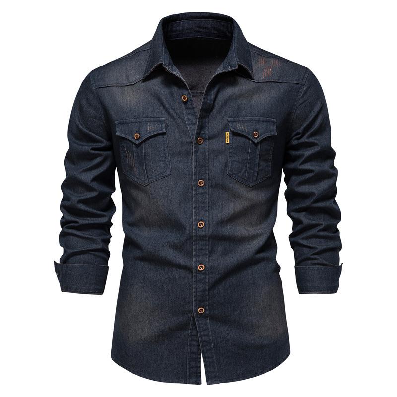 

Elastic Cotton Denim Shirt High Quality Men Long Sleeve Solid Color Pocket Shirts for Men Casual Slim Fit Mens Designer Clothing M темно-синий